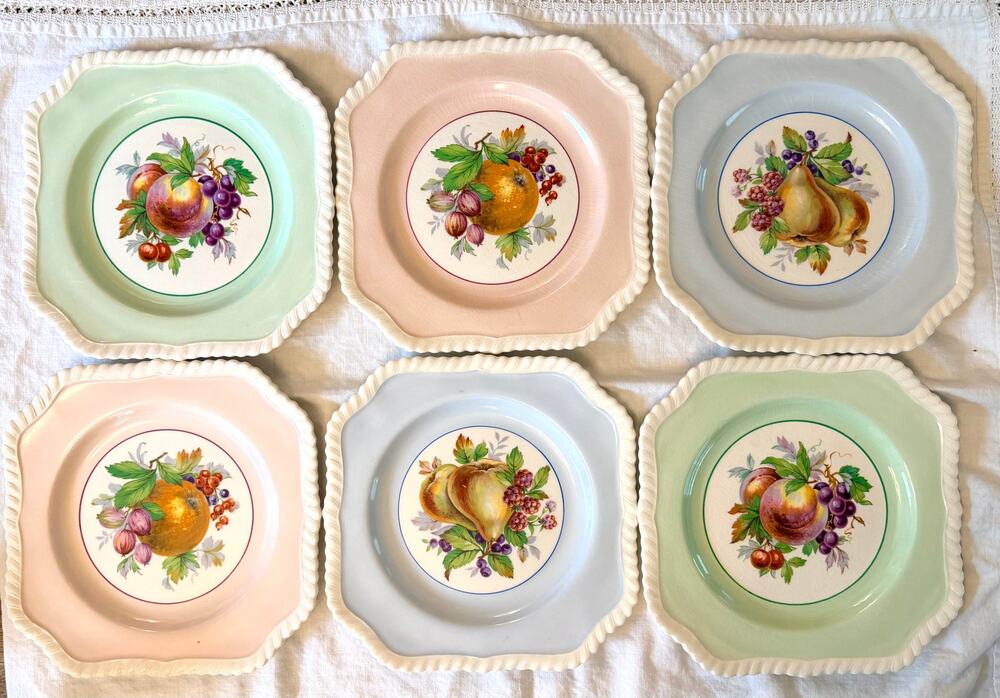 Johnson Bros Old English 6 Pastel Fruit Dessert Plates Green Pink Blue England